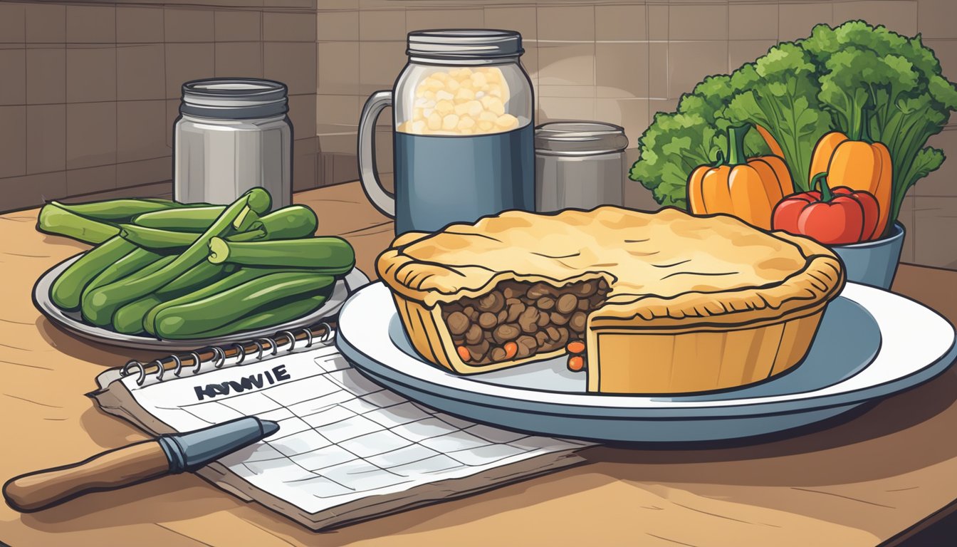 A can of beef pot pie sits next to fresh vegetables and a homemade pie, while a calendar with an expiration date looms in the background