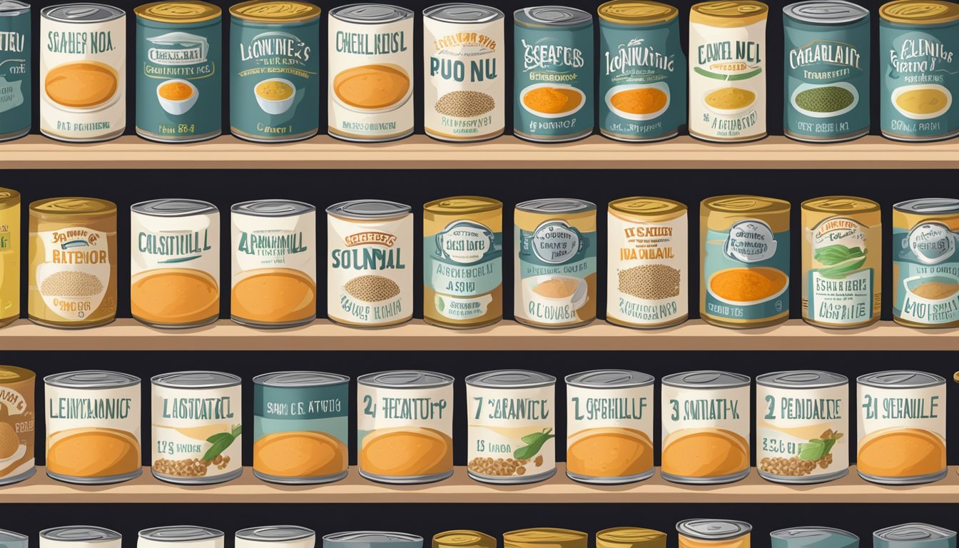 A pantry shelf with neatly arranged canned lentil soup, some cans showing expiration dates