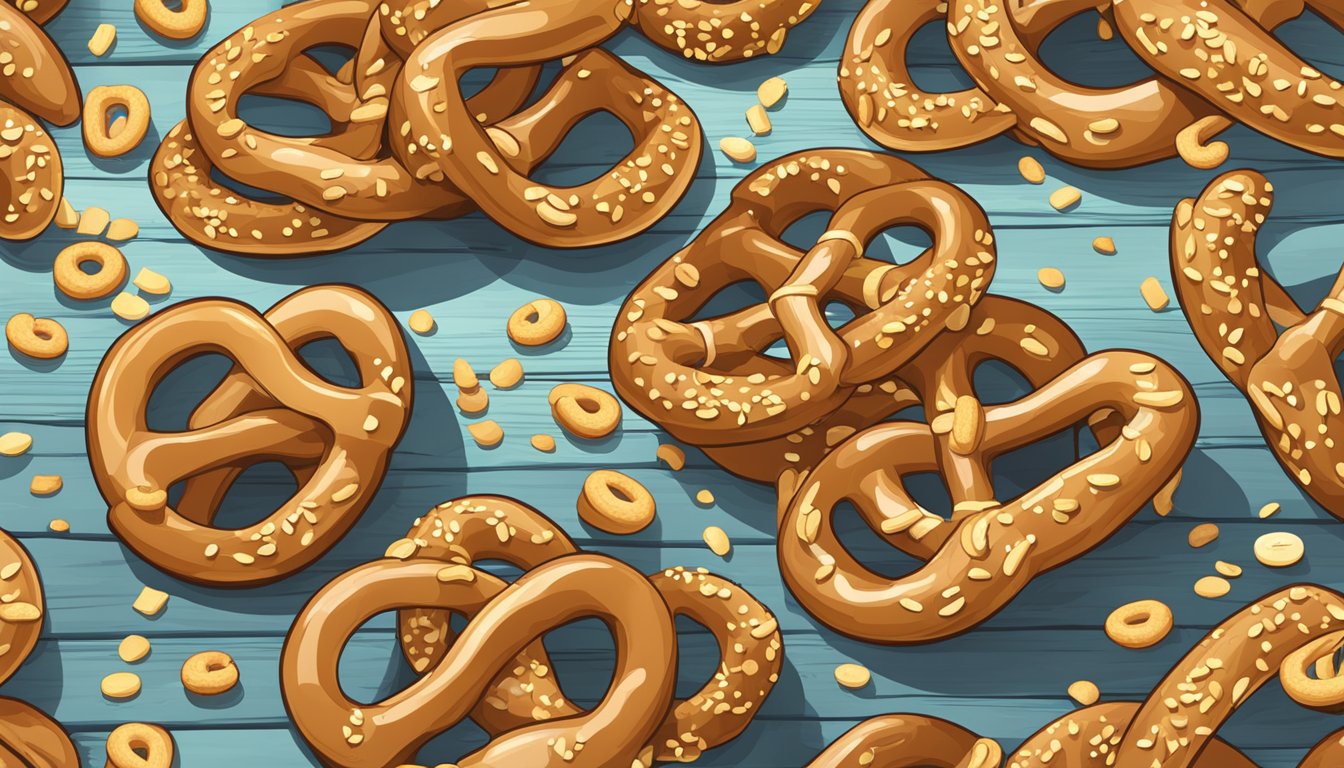 A pile of pretzels scattered on a wooden table, some whole and some broken, with a few crumbs scattered around them