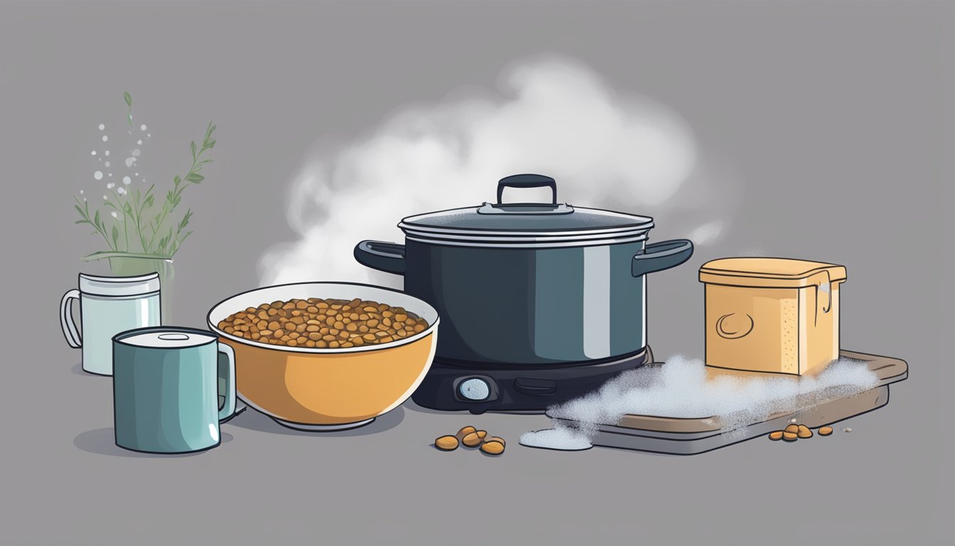 A pot of lentil soup sits on a stovetop, steam rising as it simmers. A frost-covered can of lentil soup sits next to it, with condensation forming as it thaws