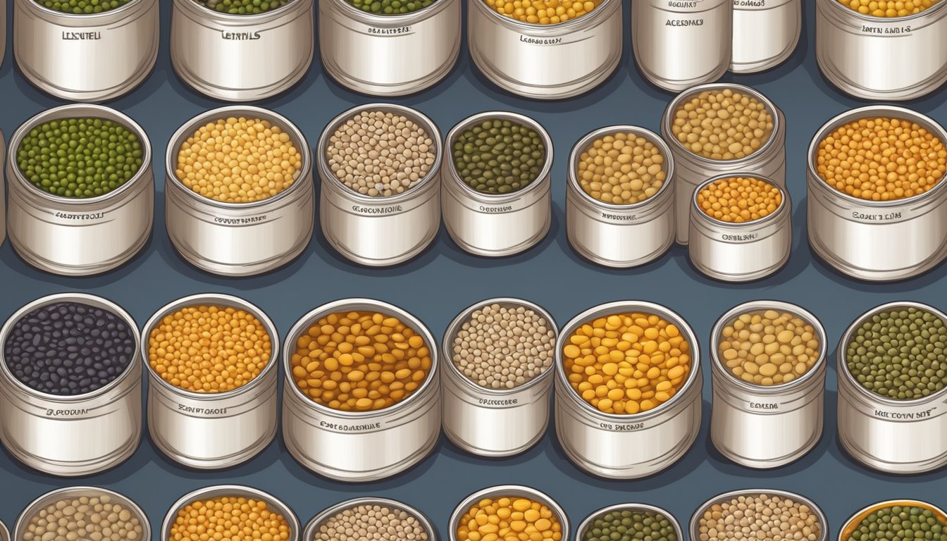 A variety of lentils in different colors and sizes, arranged neatly in rows. A can of lentil soup with an expiration date on the label