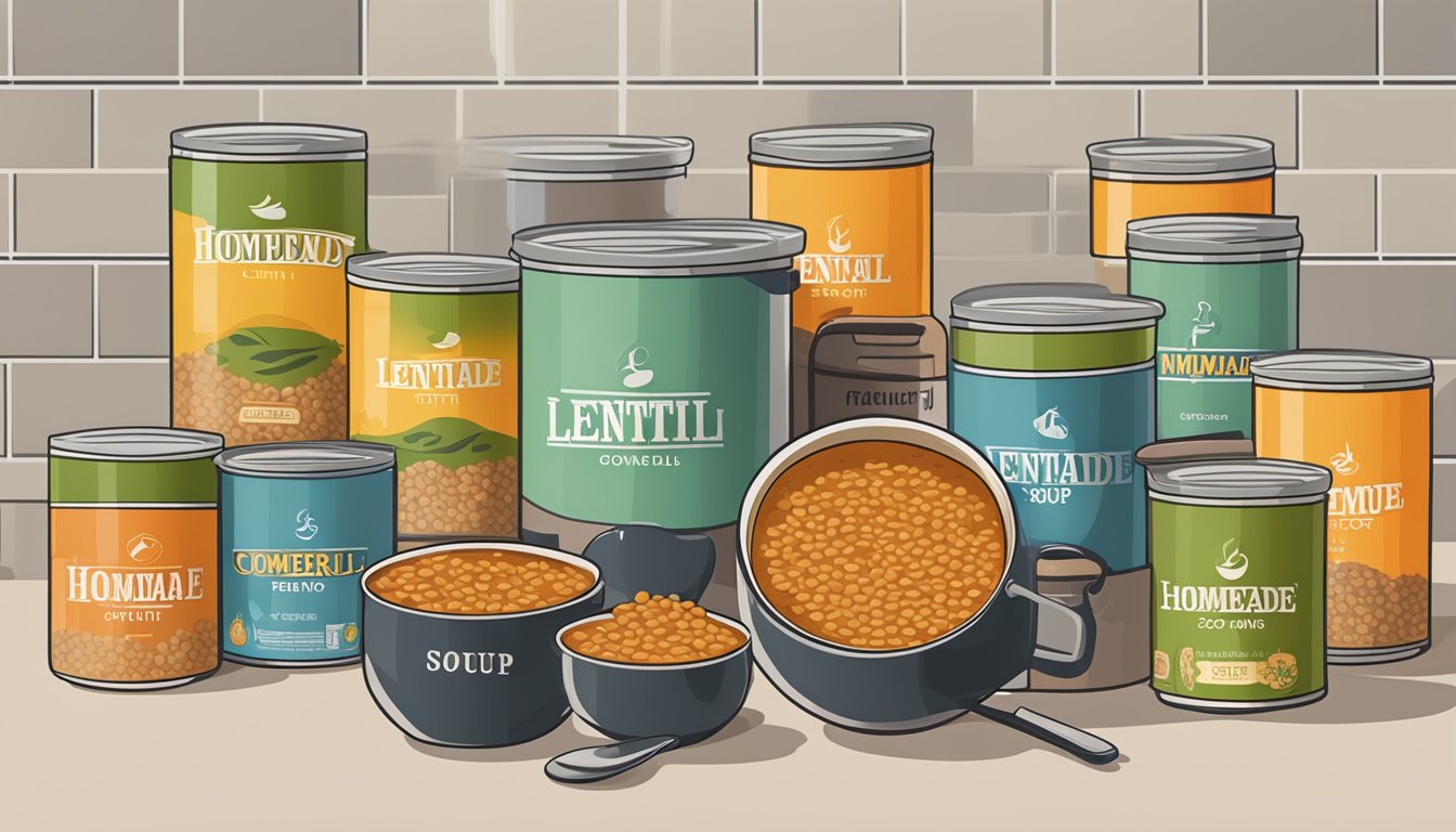 A steaming pot of homemade lentil soup sits next to a row of neatly stacked cans of commercial lentil soup on a kitchen counter