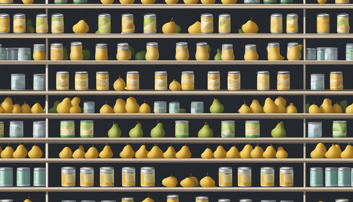 A pantry shelf with neatly arranged rows of canned pears, surrounded by a cool, dry environment with no direct sunlight