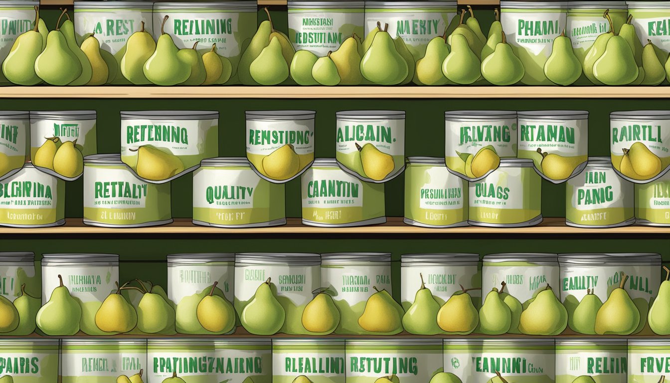 A pantry shelf filled with neatly stacked cans of pears, each can displaying a label with the words "Retaining Quality and Flavor."