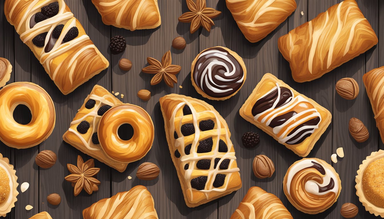 A display of various Danish pastries arranged on a rustic wooden table with a few crumbs scattered around