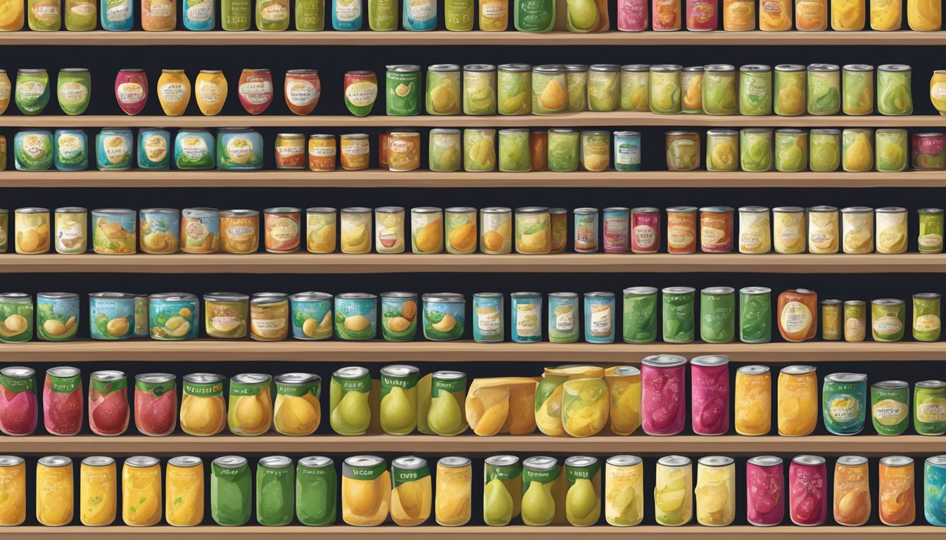 A variety of canned pears with different expiration dates displayed on shelves