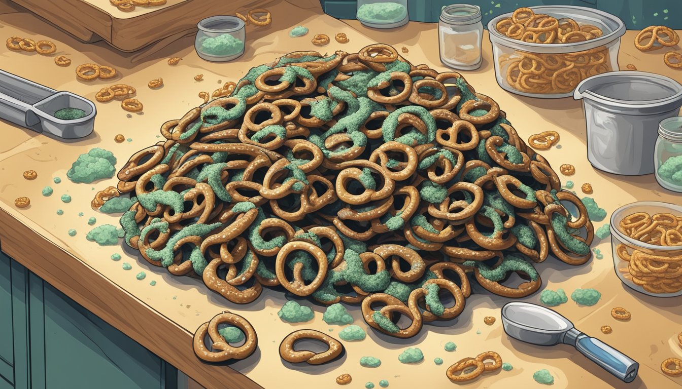 A pile of stale, moldy pretzels sits on a countertop, surrounded by flies and emitting a foul odor