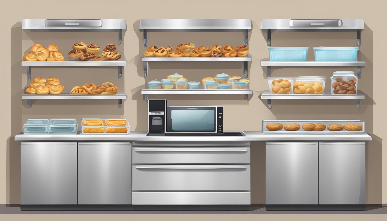 A kitchen counter with airtight containers of danish pastries, a refrigerator with labeled shelves for storing pastries, and a freezer with wrapped pastries