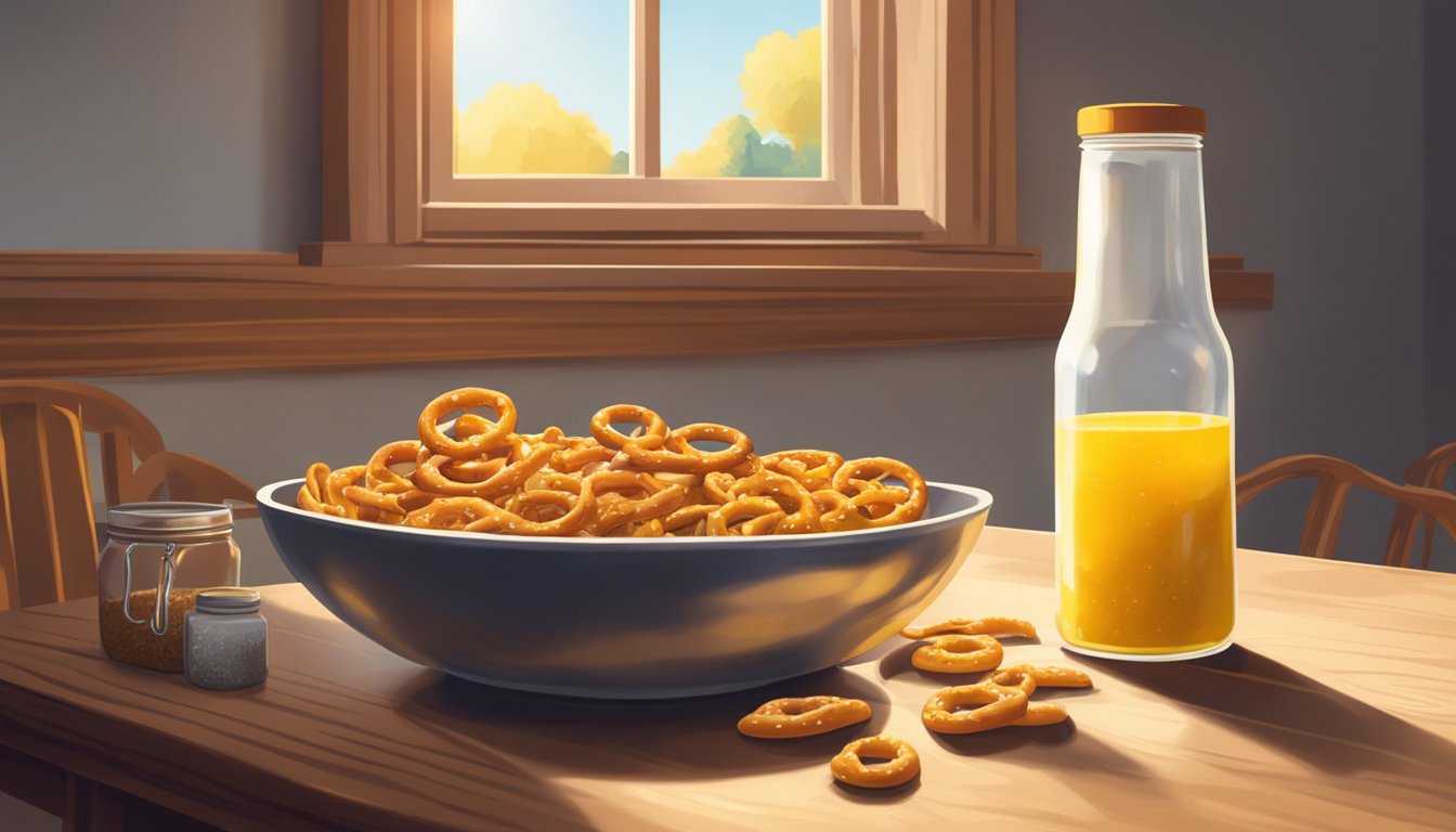 A bowl of pretzels sits on a wooden table next to a jar of mustard, with a few crumbs scattered around. Sunlight streams in through a nearby window, casting a warm glow over the scene