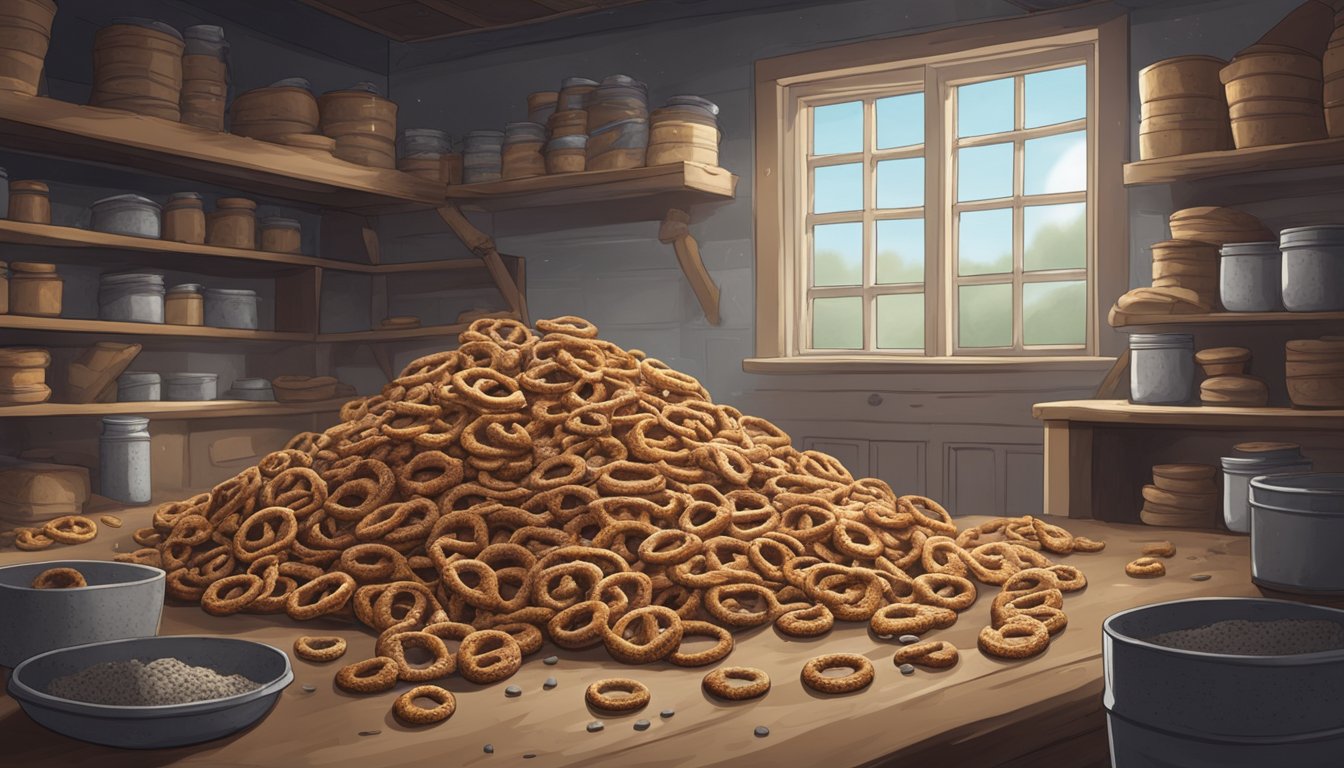 A pile of stale pretzels sits in a forgotten pantry, covered in dust and with a few mold spots