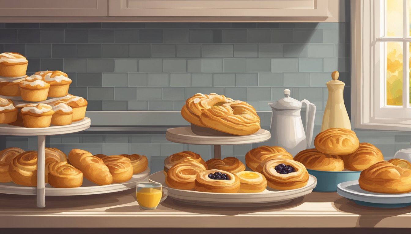 A Danish pastry sits on a kitchen shelf, surrounded by other baked goods. The pastry appears fresh and inviting, with a golden, flaky crust and a sweet, fruity filling