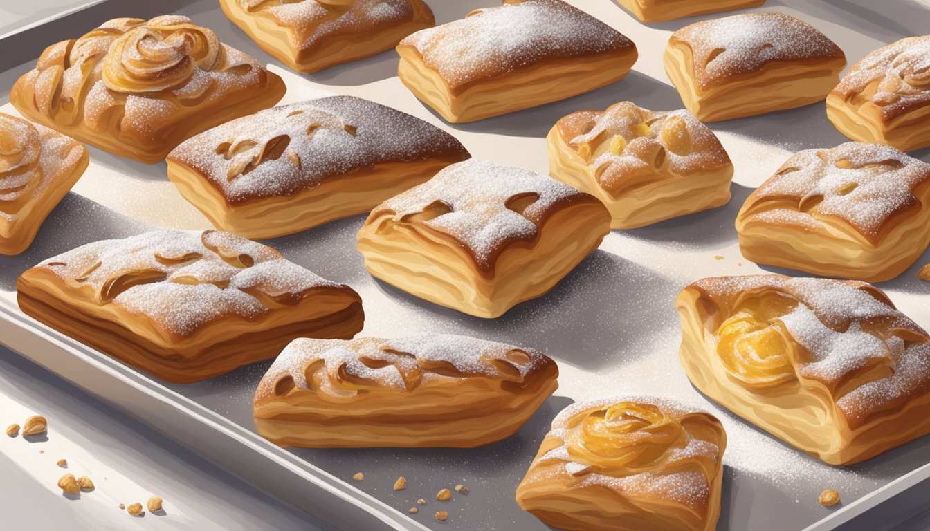 A tray of Danish pastries sits on a clean, white countertop, surrounded by a few scattered crumbs. The pastries are golden brown and flaky, with a dusting of powdered sugar on top