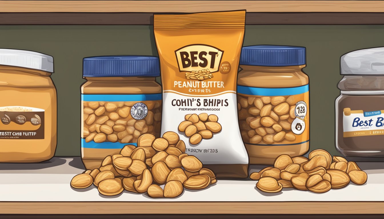 A bag of peanut butter chips sits on a shelf, with a "best by" date visible. A few chips have spilled out onto the surface below