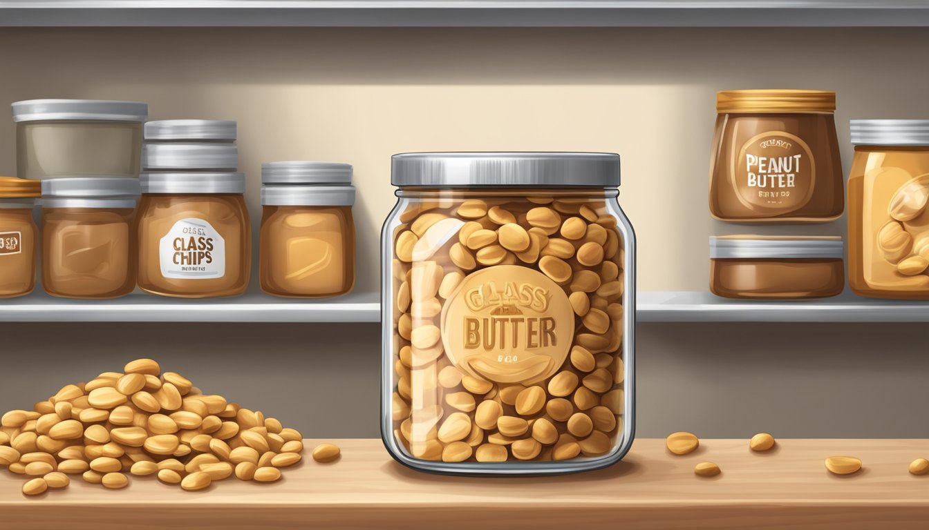 A glass jar of peanut butter chips sits on a shelf, sealed tight with a lid. The chips are golden brown and perfectly preserved