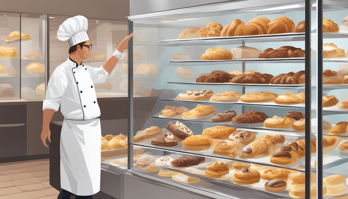 A display case filled with various pastries, some showing signs of staleness. A chef inspecting pastries for freshness, while others are being thrown away