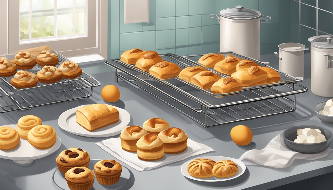 A kitchen counter with a variety of baked goods, including danish pastries, stored in airtight containers and on cooling racks