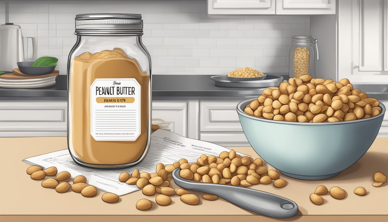 A jar of peanut butter chips sits on a kitchen counter, surrounded by a measuring cup, mixing bowl, and a recipe book