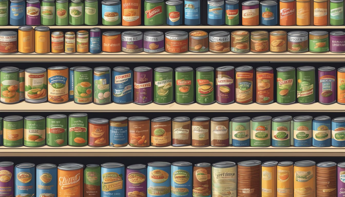 A pantry shelf with rows of canned minestrone soup, some with expiration dates