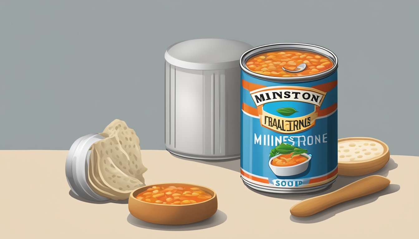 A can of minestrone soup with visible signs of spoilage, such as bulging or dents, surrounded by a calendar indicating an expired date