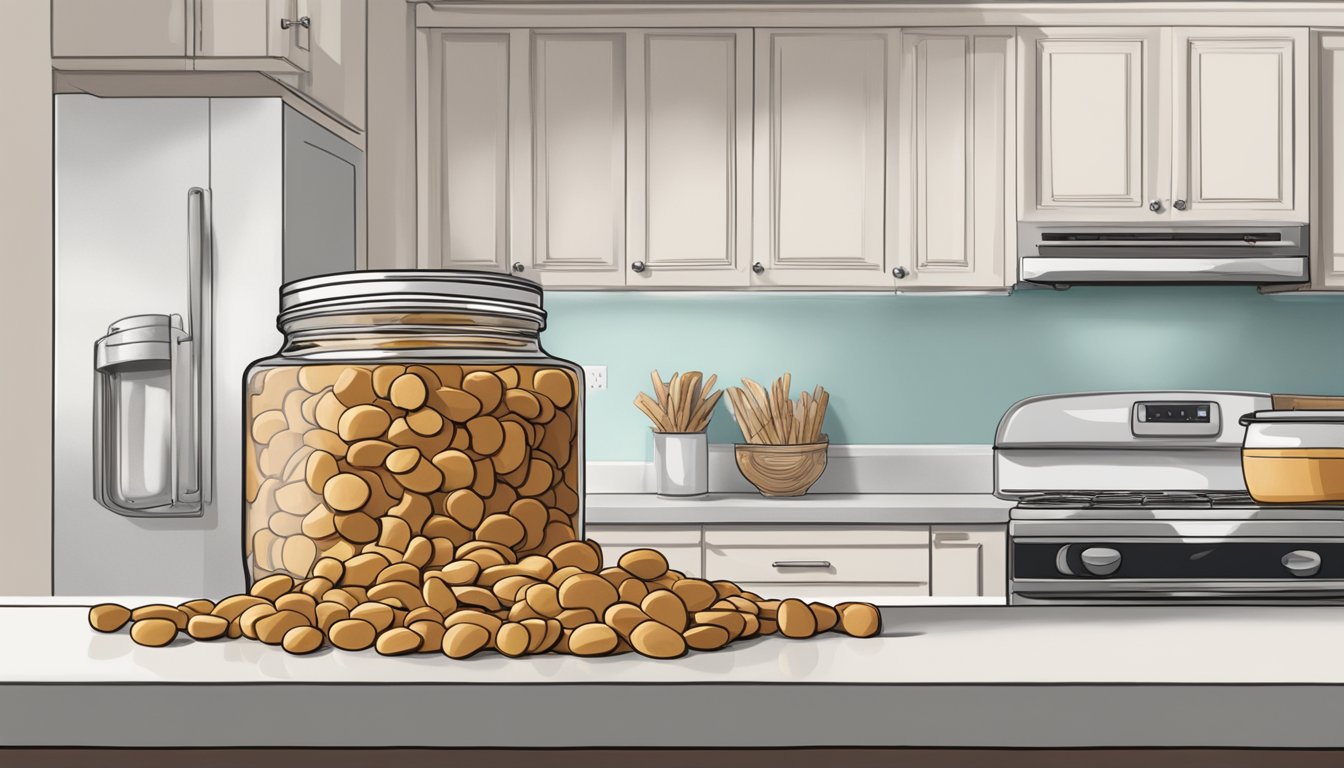 A jar of peanut butter chips sits on a kitchen counter. The chips inside are starting to turn a darker color, indicating the onset of rancidity