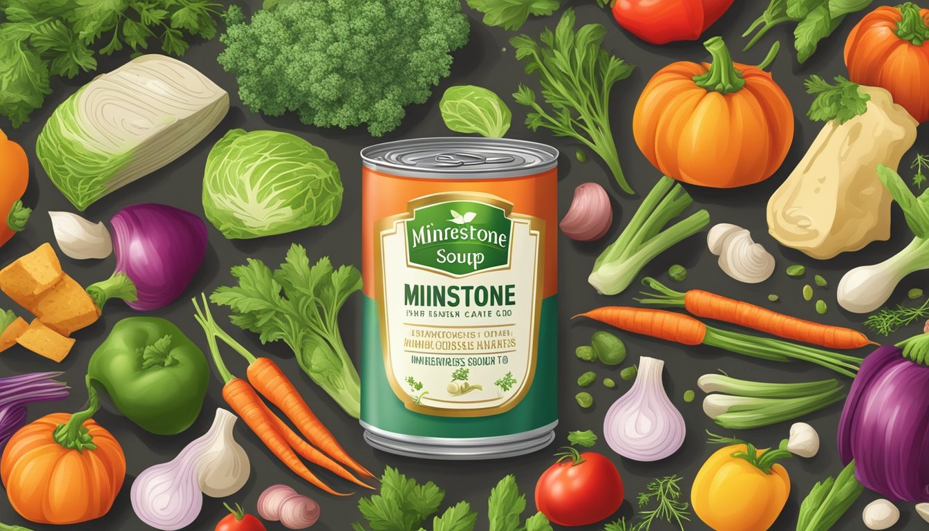 A colorful can of minestrone soup surrounded by a variety of fresh vegetables and herbs, with a prominent expiration date on the label