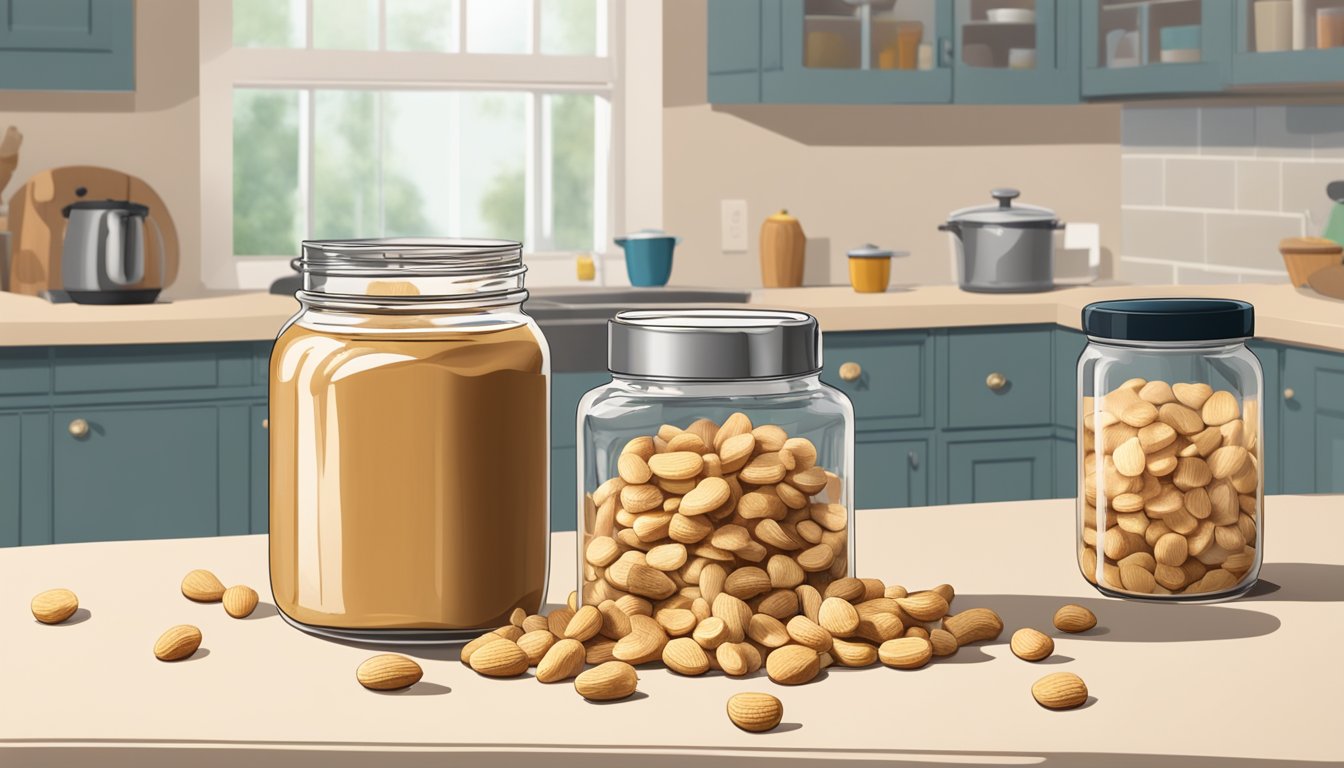 A jar of peanut butter chips sits on a kitchen counter, surrounded by various snacks and ingredients. The lid is slightly ajar, and a few chips have spilled out onto the counter