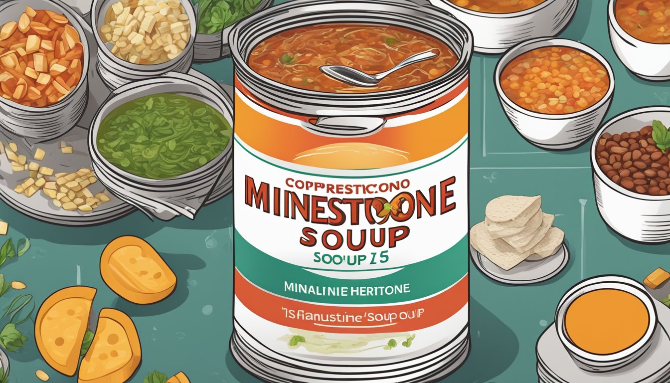 A can of minestrone soup with a clear expiration date, surrounded by various food safety protocols and guidelines