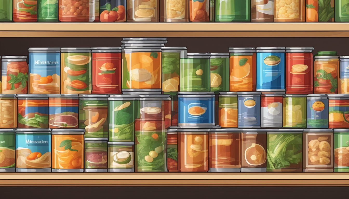 An open can of minestrone soup surrounded by various canned goods on a neatly organized pantry shelf