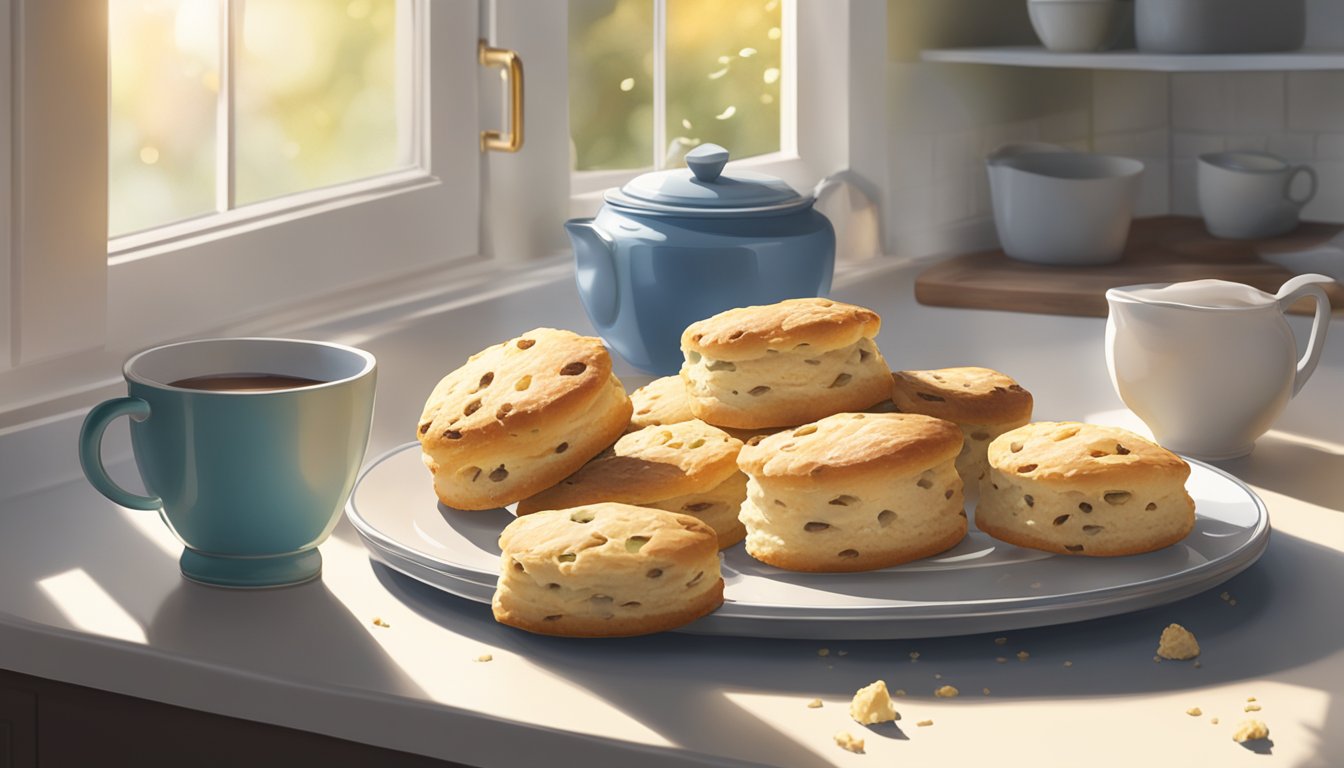 A plate of scones sits on a kitchen counter next to a window, with sunlight streaming in and a few crumbs scattered around