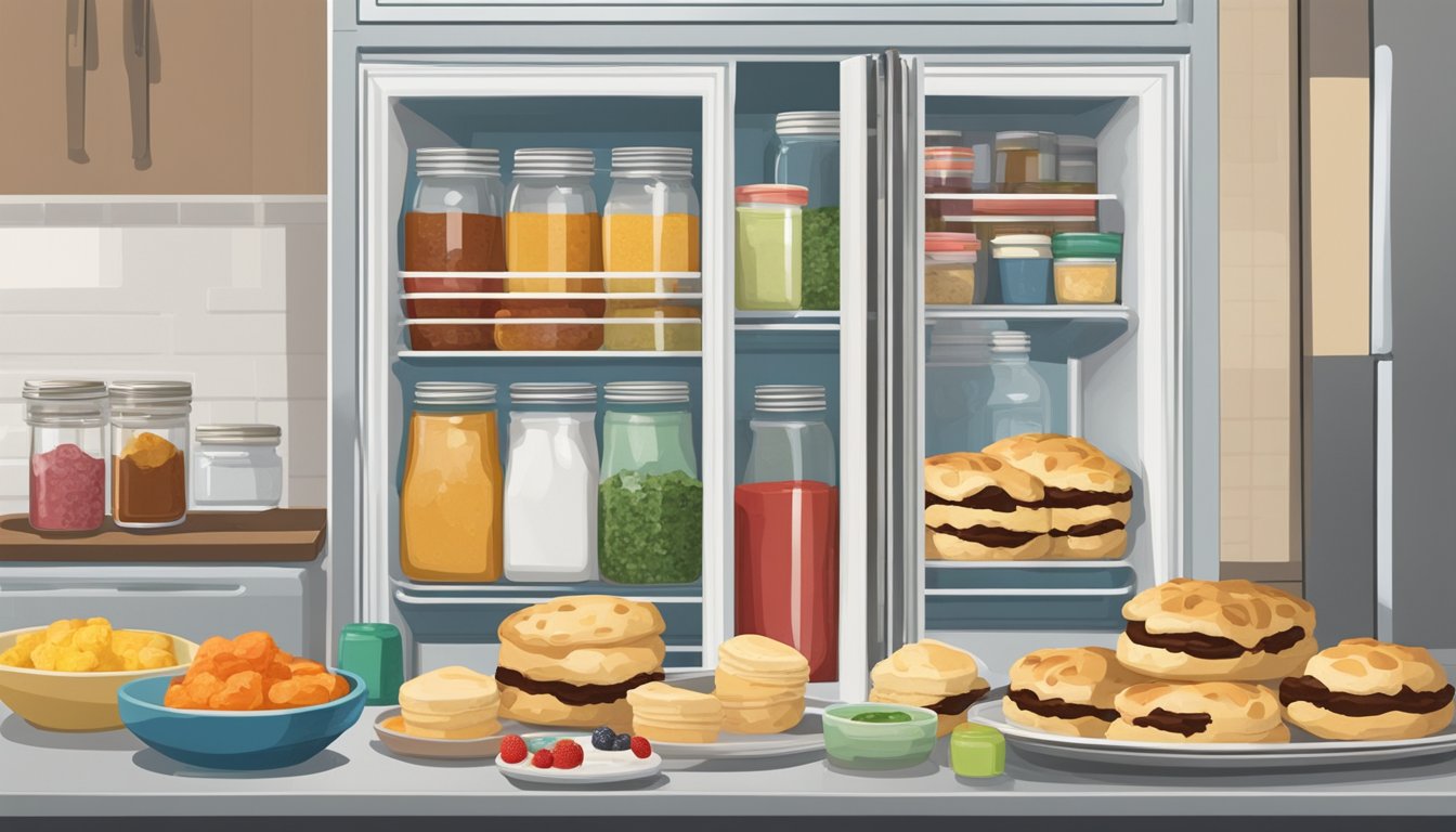 A plate of scones sits inside an open refrigerator, surrounded by jars and bottles of various condiments