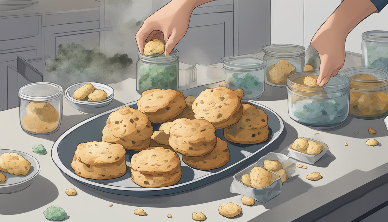 A plate of scones sits on a countertop, some with mold spots. A hand reaches to discard them, while others are being placed in a container for storage