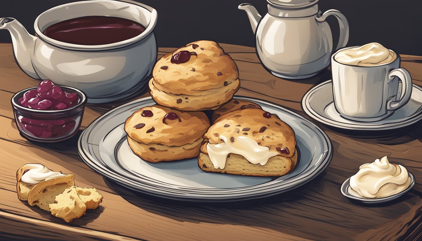 A plate of freshly baked scones sits on a rustic wooden table, surrounded by a pot of jam and a dollop of clotted cream