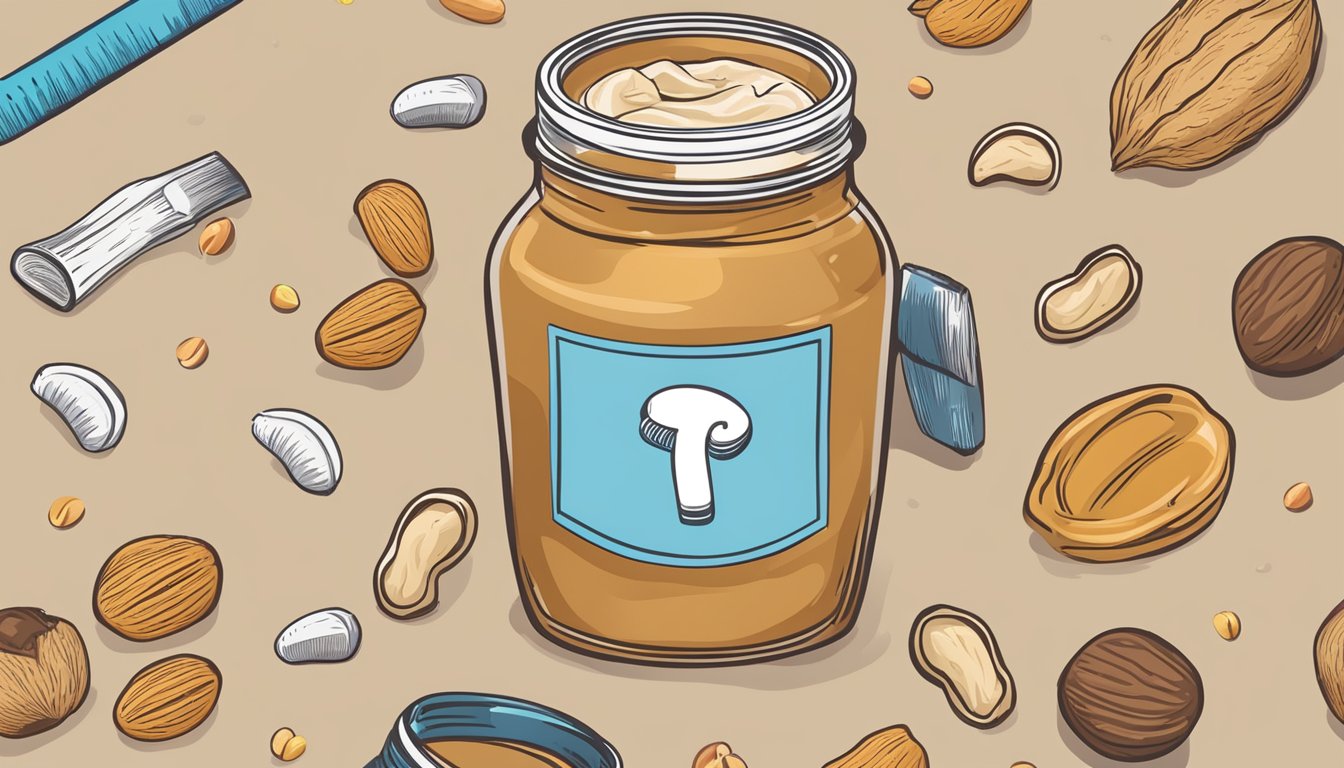 A jar of peanut butter surrounded by various nuts and a calendar, with a question mark hovering above