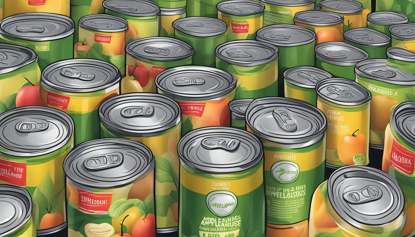 A stack of canned applesauce with varying expiration dates, some bulging or dented