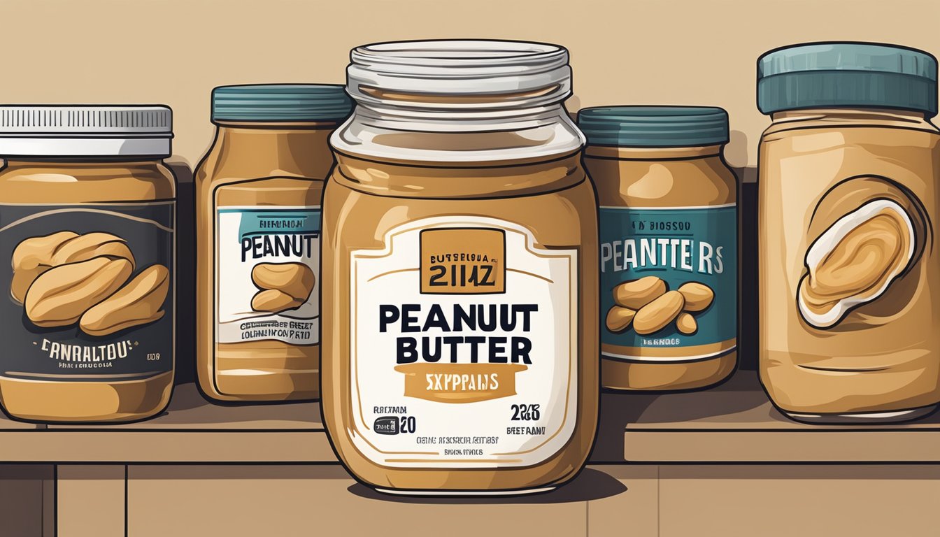 A jar of peanut butter sits on a shelf, surrounded by other pantry items. The label shows the expiration date, but the peanut butter inside remains smooth and creamy