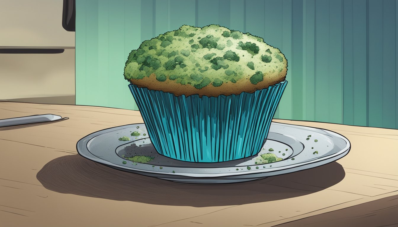 A moldy muffin sits on a plate next to a pile of crumbs. The muffin is discolored and has a fuzzy, greenish-blue growth on its surface