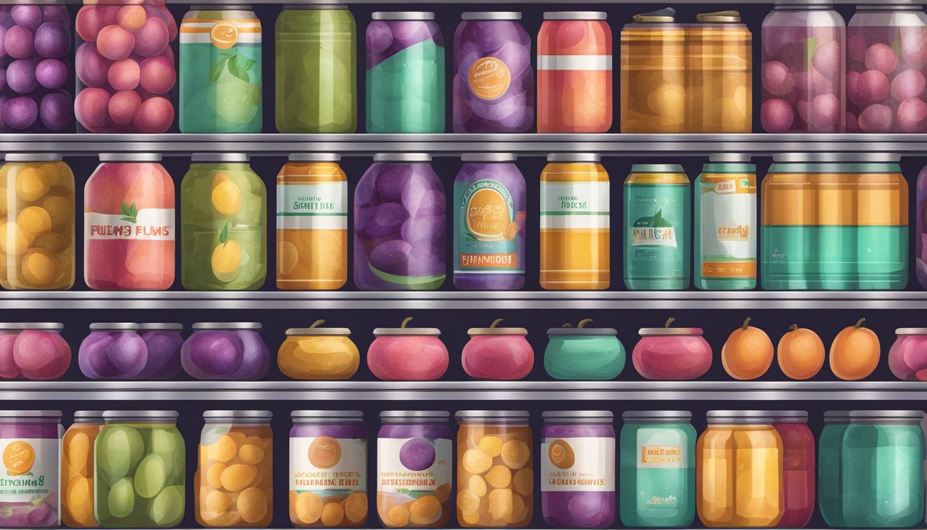 A pantry shelf with rows of canned plums, some dusty and expired, others fresh and vibrant