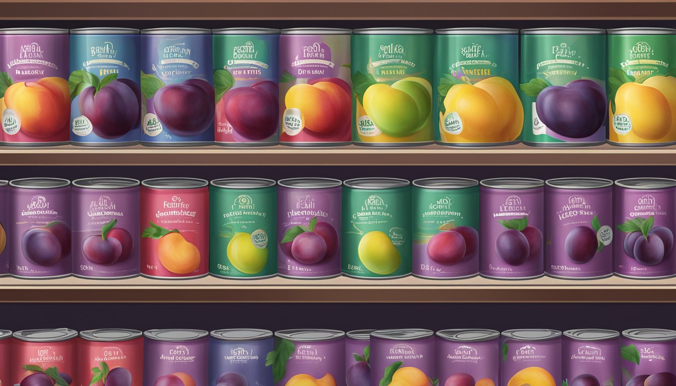 A row of canned plums on a shelf with expiration dates visible