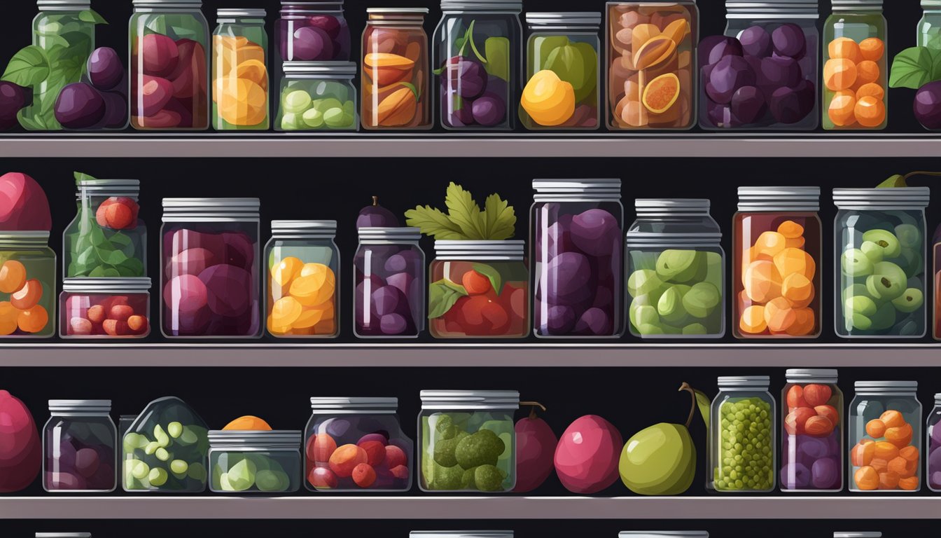 A pantry shelf with neatly organized canned plums, surrounded by other preserved fruits and vegetables, in a cool, dark environment