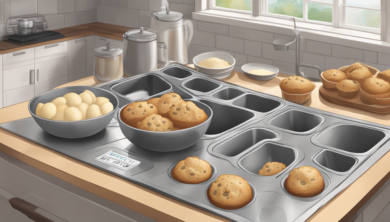 A batch of muffins sits on a kitchen counter, with a "best by" date label visible. The surrounding area is clean and organized, with no signs of spoilage or contamination