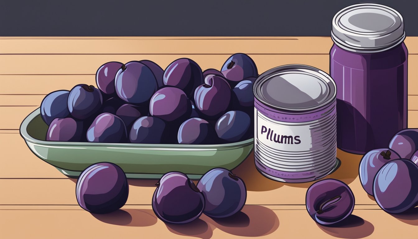 A can of plums sits on a kitchen counter, surrounded by vibrant, fresh plums. The can is open, with some plums spilling out, while others are being sliced and preserved in jars