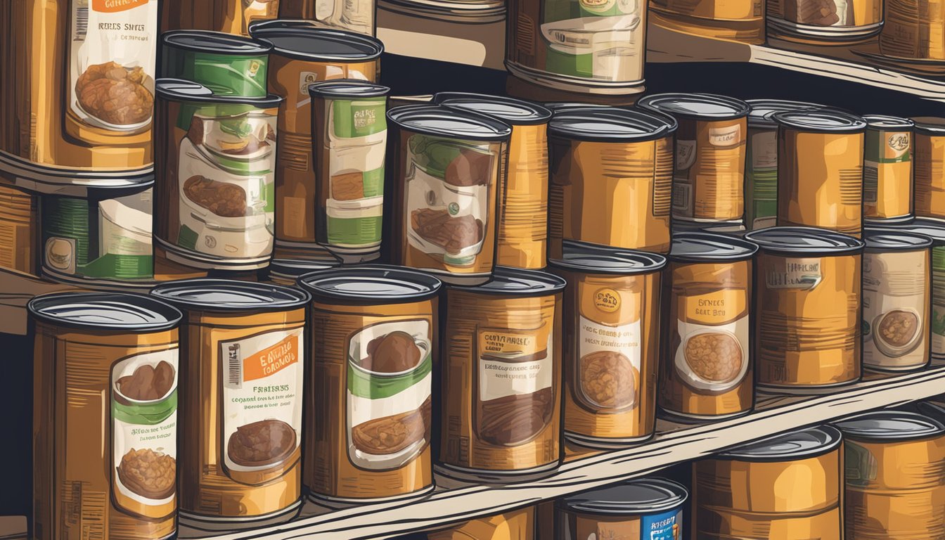 A can of beef stew sits on a shelf, surrounded by other canned goods. The packaging is slightly dented, and there are small traces of dust and dirt on the can