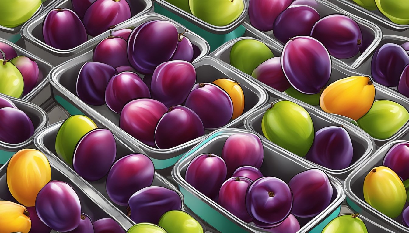 A colorful array of canned plums arranged in various creative uses, such as being incorporated into desserts, smoothies, or savory dishes