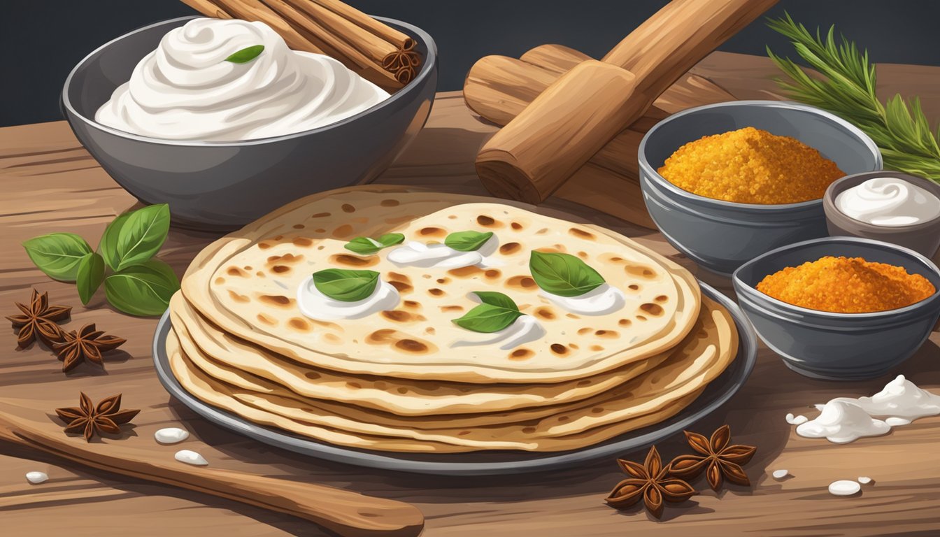 A stack of fresh naan bread on a rustic wooden table, surrounded by a scattering of whole spices and a dollop of creamy yogurt