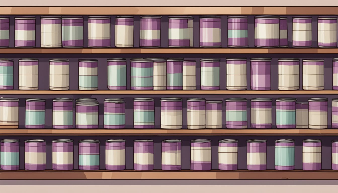 A shelf in a pantry with rows of neatly stacked canned plums, some with slightly rusted lids, and a few with faded labels