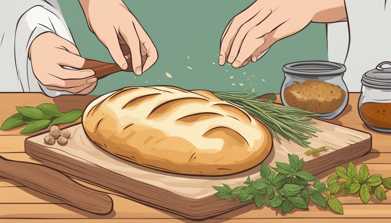 A loaf of naan bread on a wooden cutting board, surrounded by various herbs and spices, with a hand pressing down to check its freshness