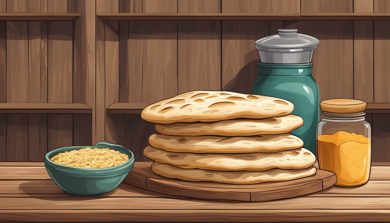 A stack of fresh naan bread sits on a rustic wooden shelf in a clean, organized pantry