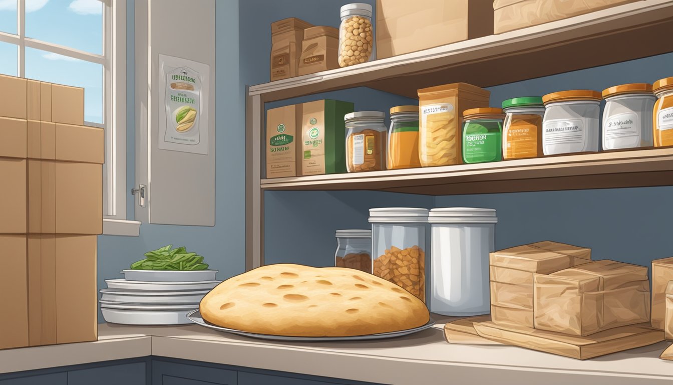 A sealed package of naan bread sits on a clean, organized shelf in a pantry, surrounded by other non-perishable items