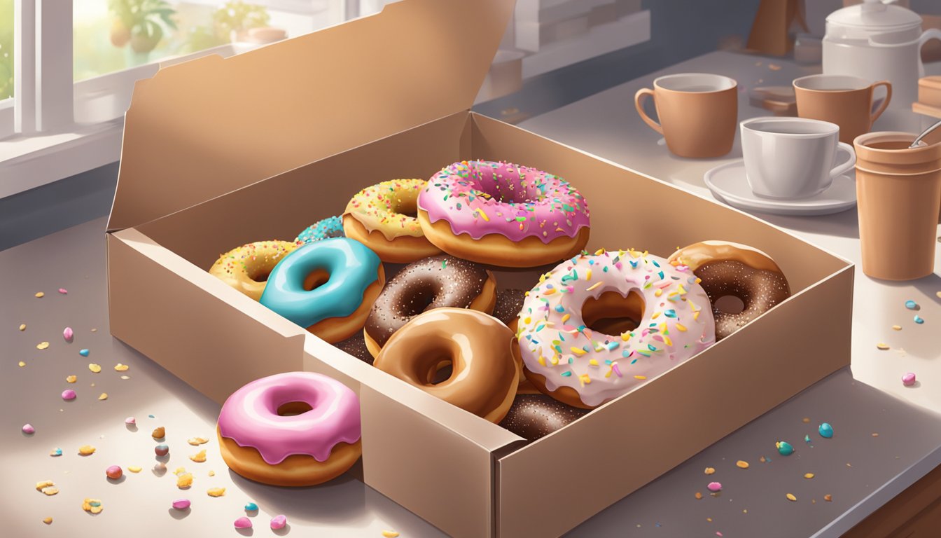 A box of donuts sits on a kitchen counter, surrounded by crumbs. The glaze glistens in the light, hinting at their freshness