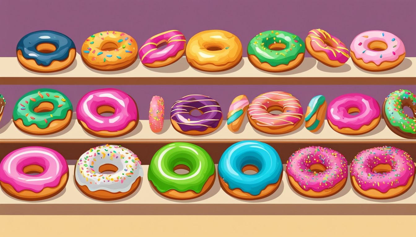 A colorful assortment of donuts sits on a bakery shelf, some with sprinkles and others glazed, tempting customers with their sweet aroma